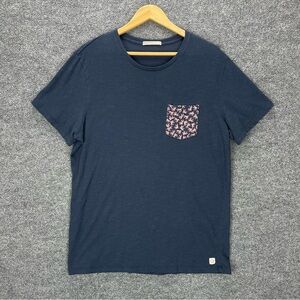 Marine Layer T Shirt Men’s L Navy Blue w/Floral Pocket Short Sleeve Cotton Tee
